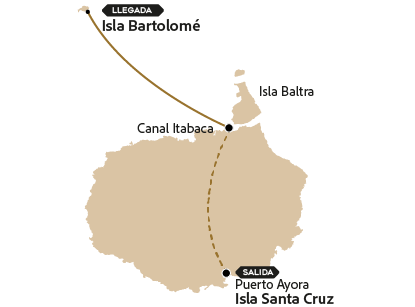Mapa com a rota da excursão à Ilha Bartolomé, saindo da Ilha de Santa Cruz.