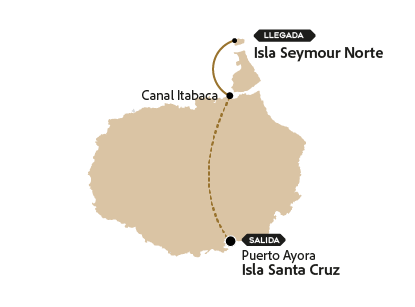 Mapa da rota para a Ilha Seymour Norte, saindo da Ilha Santa Cruz.