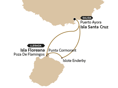 Mapa con la ruta al islote Enderby y Punta Cormorant isla Floreana.
