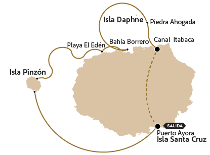 Mapa com a rota do passeio de 180° saindo da Ilha de Santa Cruz.