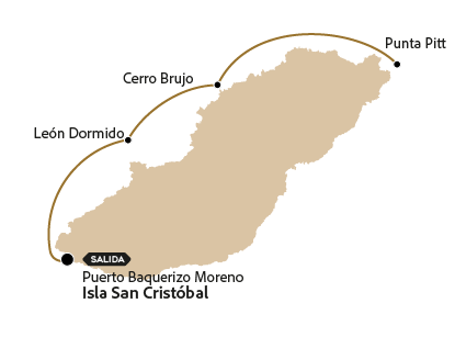 Mapa com a rota turística para Punta Pitt na Ilha Cristobal.
